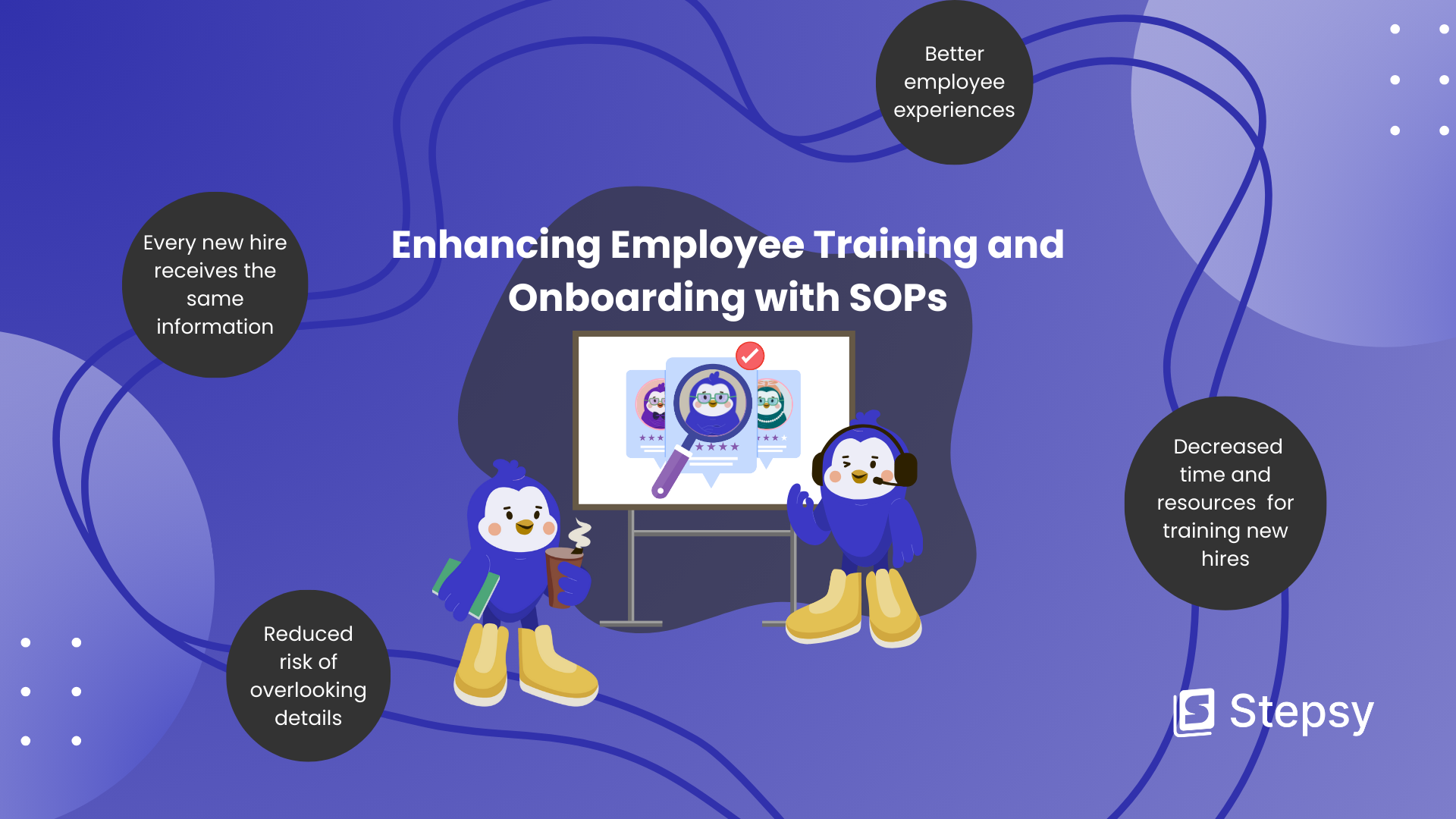 Enhancing Employee Training and Onboarding with SOPs: Every new hire receives the same information, Better employee experiences, Reduced risk of overlooking details, Decreased time and resources  for training new hires.