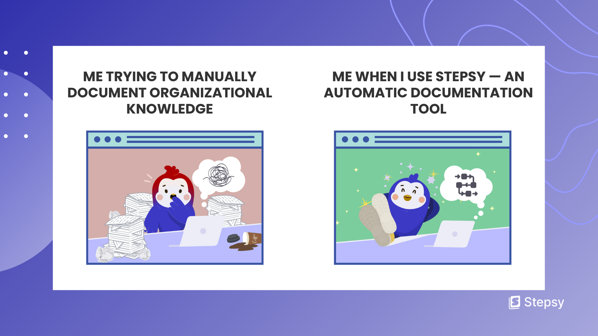 Me trying to manually document organizational knowledge vs. Me when I use Stepsy — An automatic documentation tool